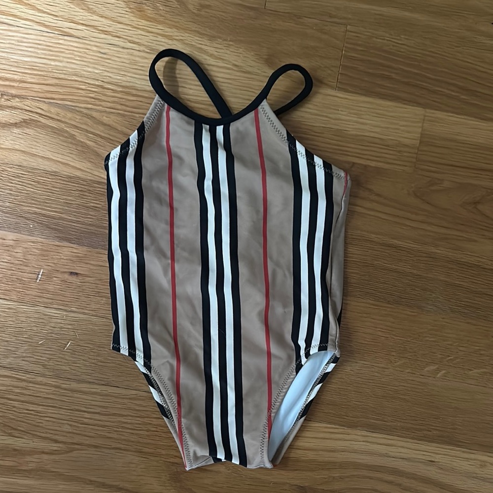 Burberry Kids Swim One Piece - Tan, Black, Red Stripes